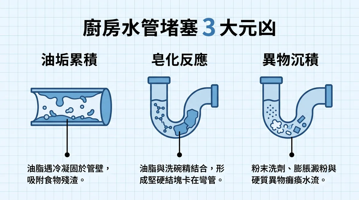 廚房水槽與水管堵塞原因解析，油垢累積與皂化反應
