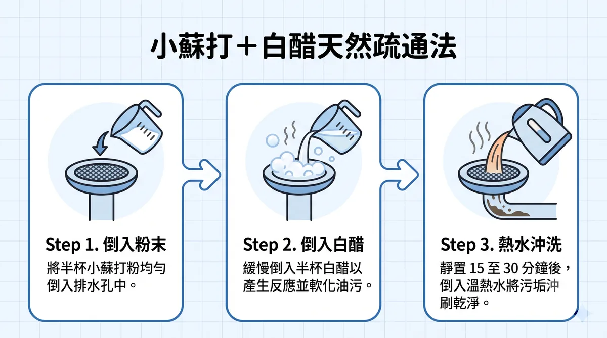 使用小蘇打與白醋 DIY 疏通排水孔步驟