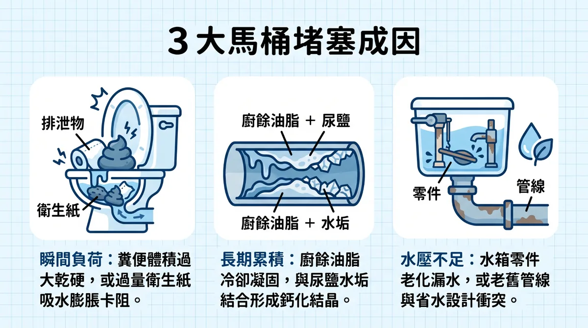 馬桶堵塞原因，排泄物負荷、管路油脂尿垢累積與水壓不足