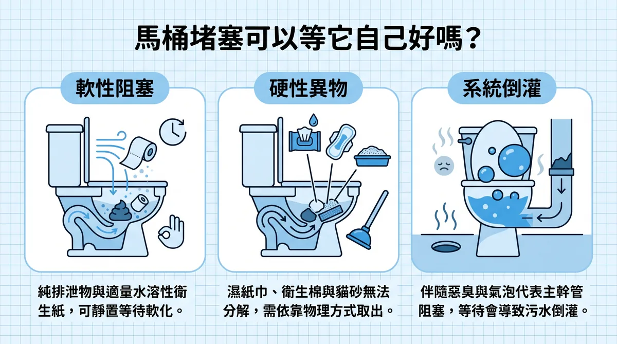 馬桶堵塞等待標準，軟性阻塞、硬性異物與系統性倒灌判斷